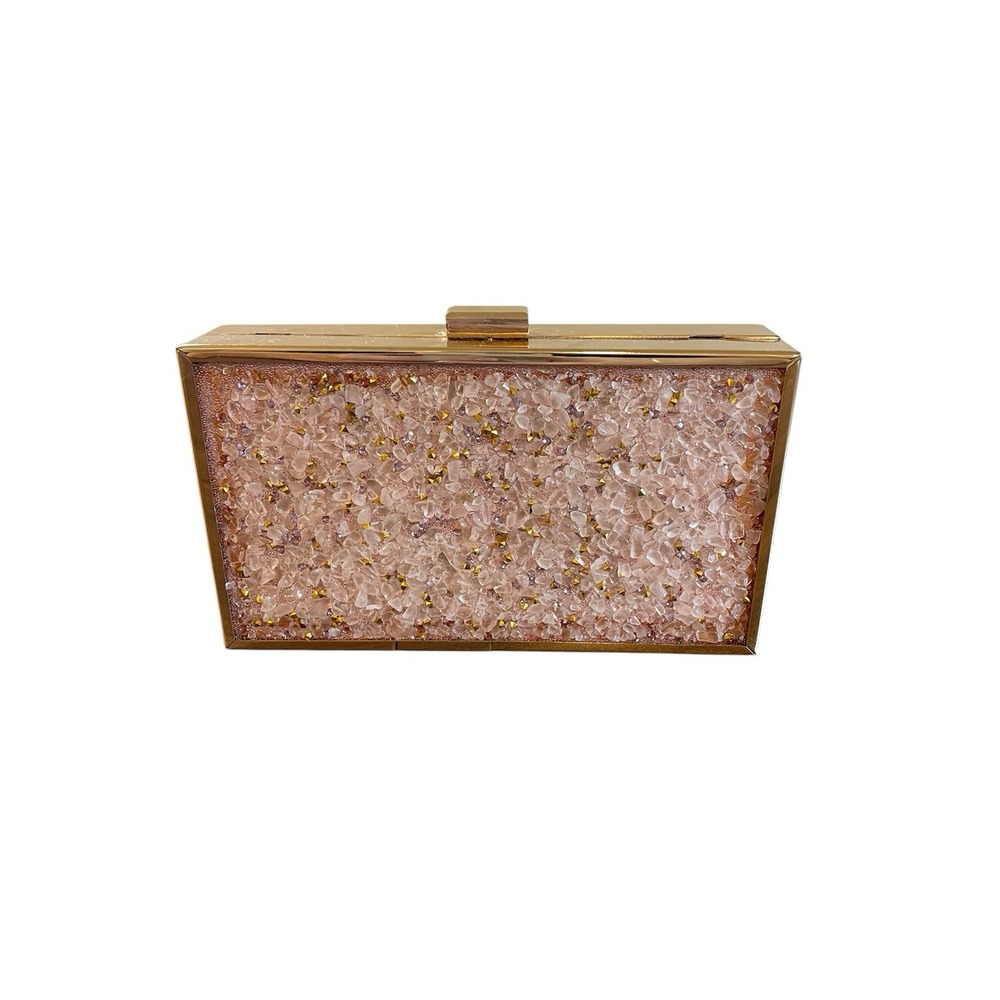 ✨ Pink Crystal Evening Clutch Bag Gold Frame & Chain Strap Sparkly Formal Purse‎